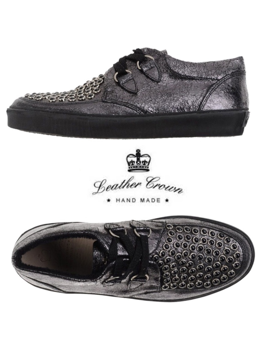 LEATHER CROWN NIB WEDGE RHINESTONES BLACK SNEAKER. HANDMADE IN ITALY. SIZE 38/8